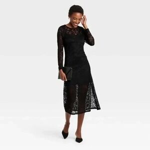 A New Day Long Sleeve Midi Lace Dress -‎ Black Floral, Size Small